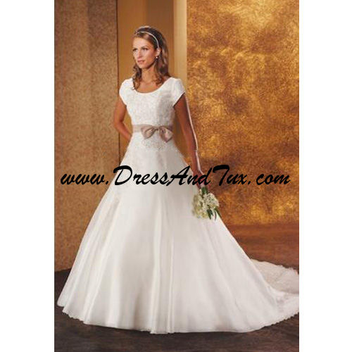 Satin and Lace A-Line Modest Wedding Gown