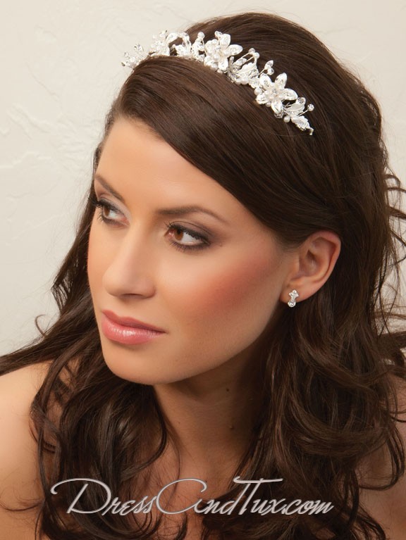 Silver Crystal Flower Tiara - Click Image to Close
