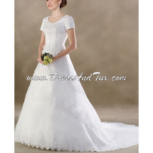 Cathedral Train Short Lace Wedding Dress (D16) - Click Image to Close